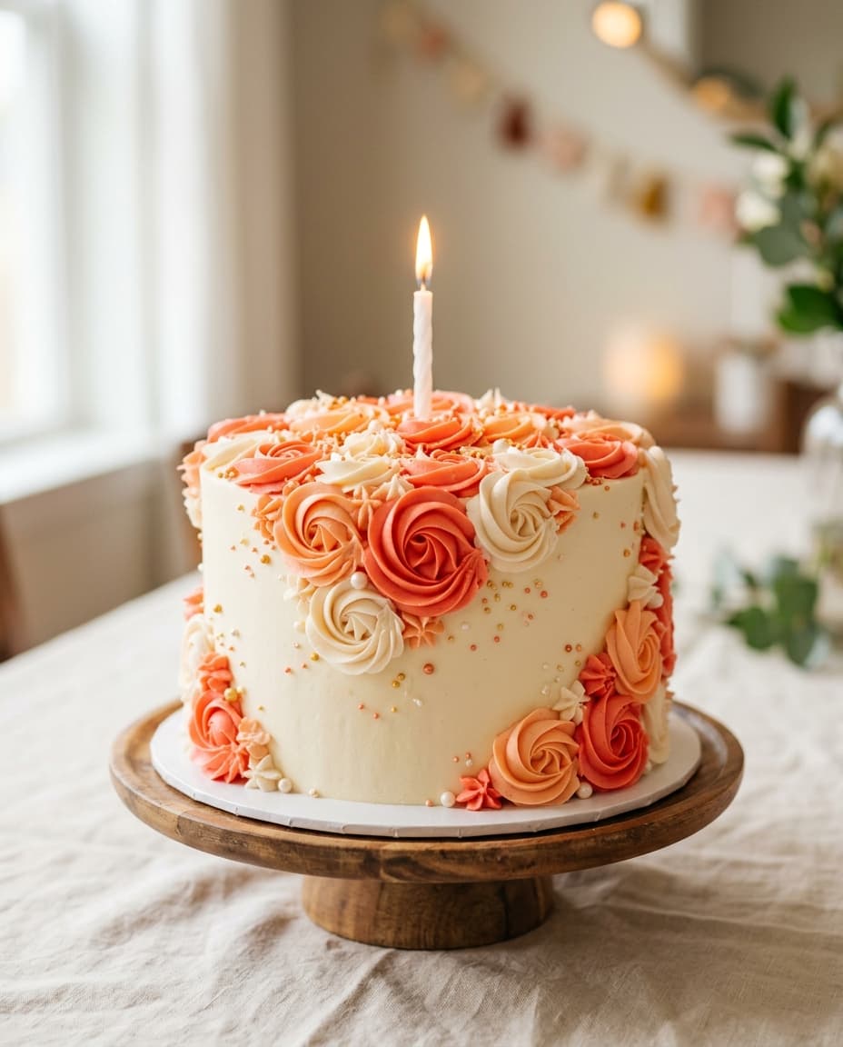 A birthday cake decorated with orange and cream piped roses and a single candle