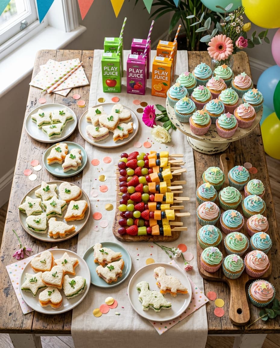 A colourful spread of party food, fruit and cupcakes