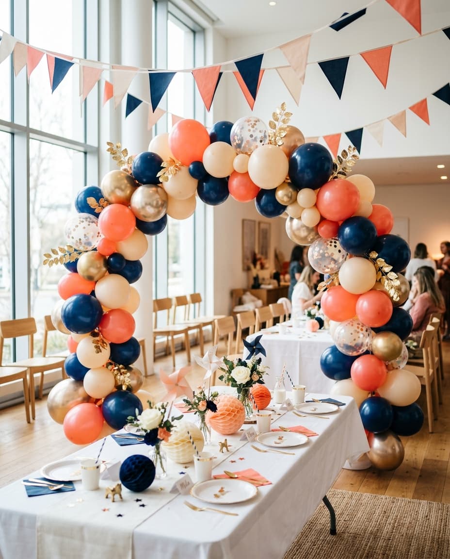 A party room decorated with a balloon arch and bunting