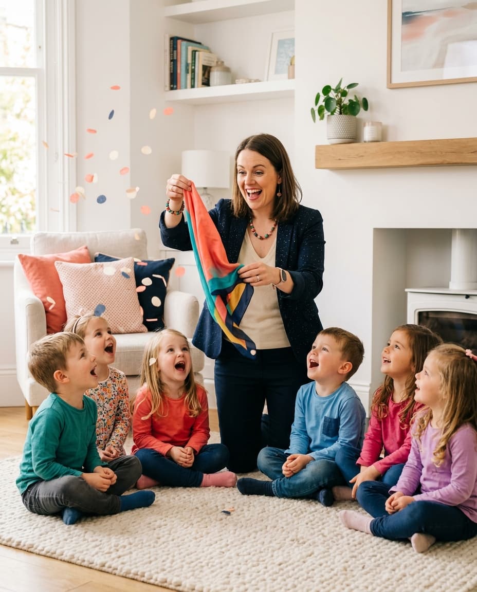 A children's entertainer performing a scarf trick for a group of excited children